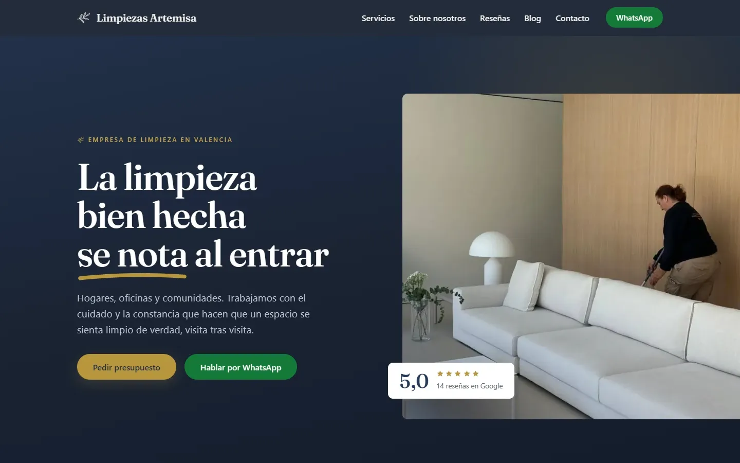 Portada de la web de Limpiezas Artemisa: «La limpieza bien hecha se nota al entrar».