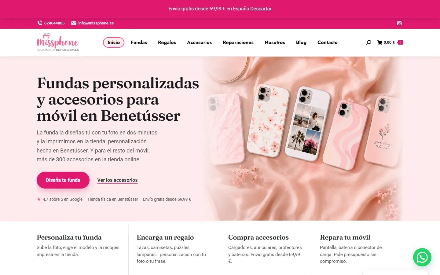 Portada de la tienda online de Missphone: «Fundas personalizadas y accesorios para móvil en Benetússer».