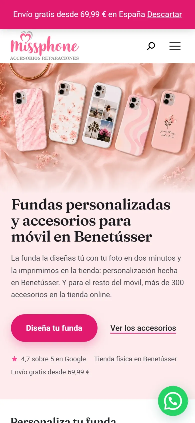 La misma portada en el móvil: la foto de las fundas arriba, el titular debajo y el botón «Diseña tu funda».
