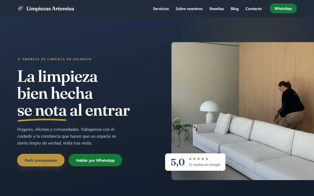 Home page of the Limpiezas Artemisa website, a cleaning company: «La limpieza bien hecha se nota al entrar».